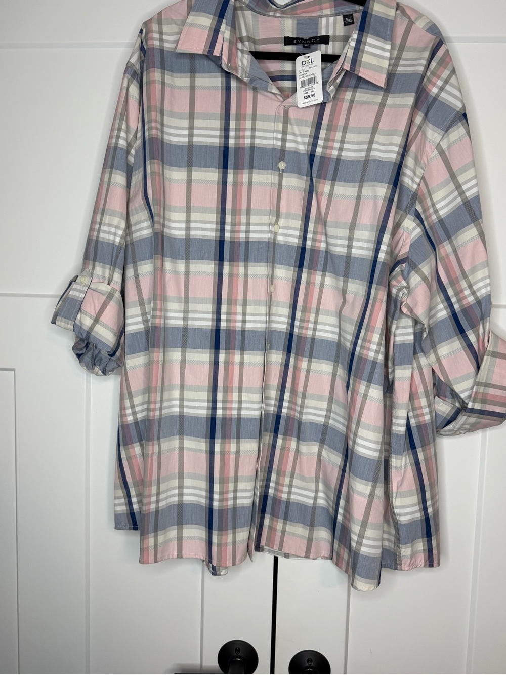 NWT SYNRGY Pink Gray Plaid Button Down Shirt Size 3XL
